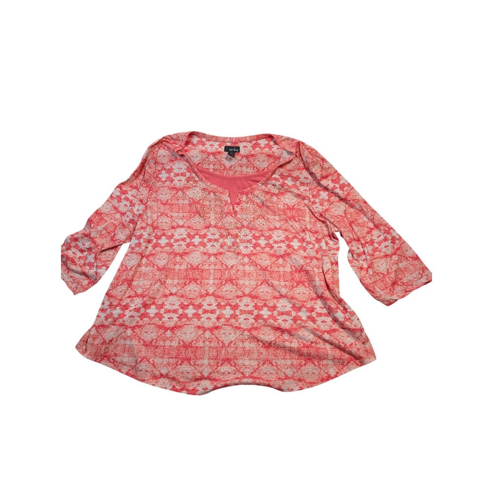 Erika Women Leah Top 3X Pink White Ikat Rhinestone Henley 3/4 Sleeve ETKW-09389